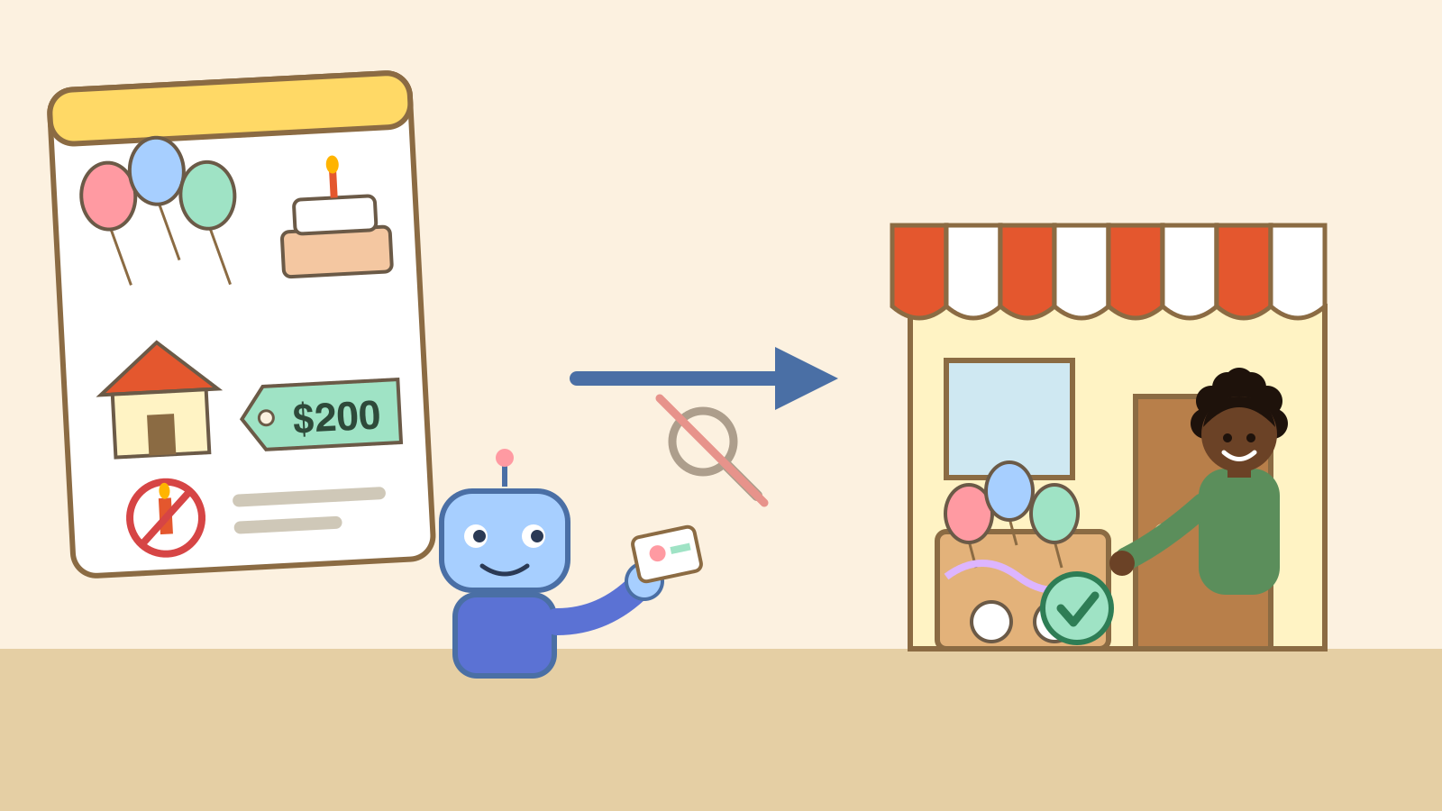 Illustration: a personal AI agent hands a party plan card with balloons, a venue and a budget to a shop, and a young woman shopkeeper returns a box of decorations that fit, with a crossed-out search magnifier between them.