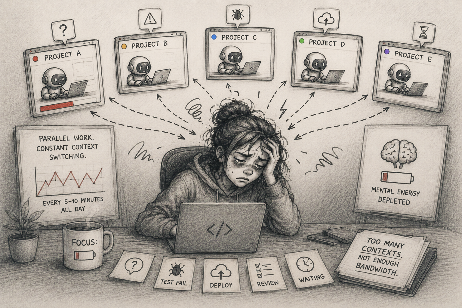 A developer exhausted by parallel coding agents