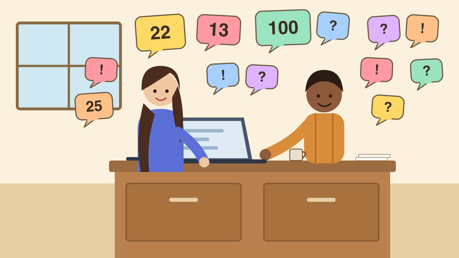 Illustration: a young woman engineer at a laptop working with a small-business owner at a desk, surrounded by a growing swarm of speech bubbles from AI agents carrying numbers like 22, 13 and 100