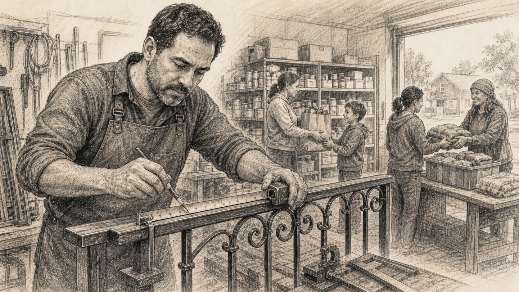 Pencil drawing of a small business owner measuring custom metalwork while community pantry work happens nearby