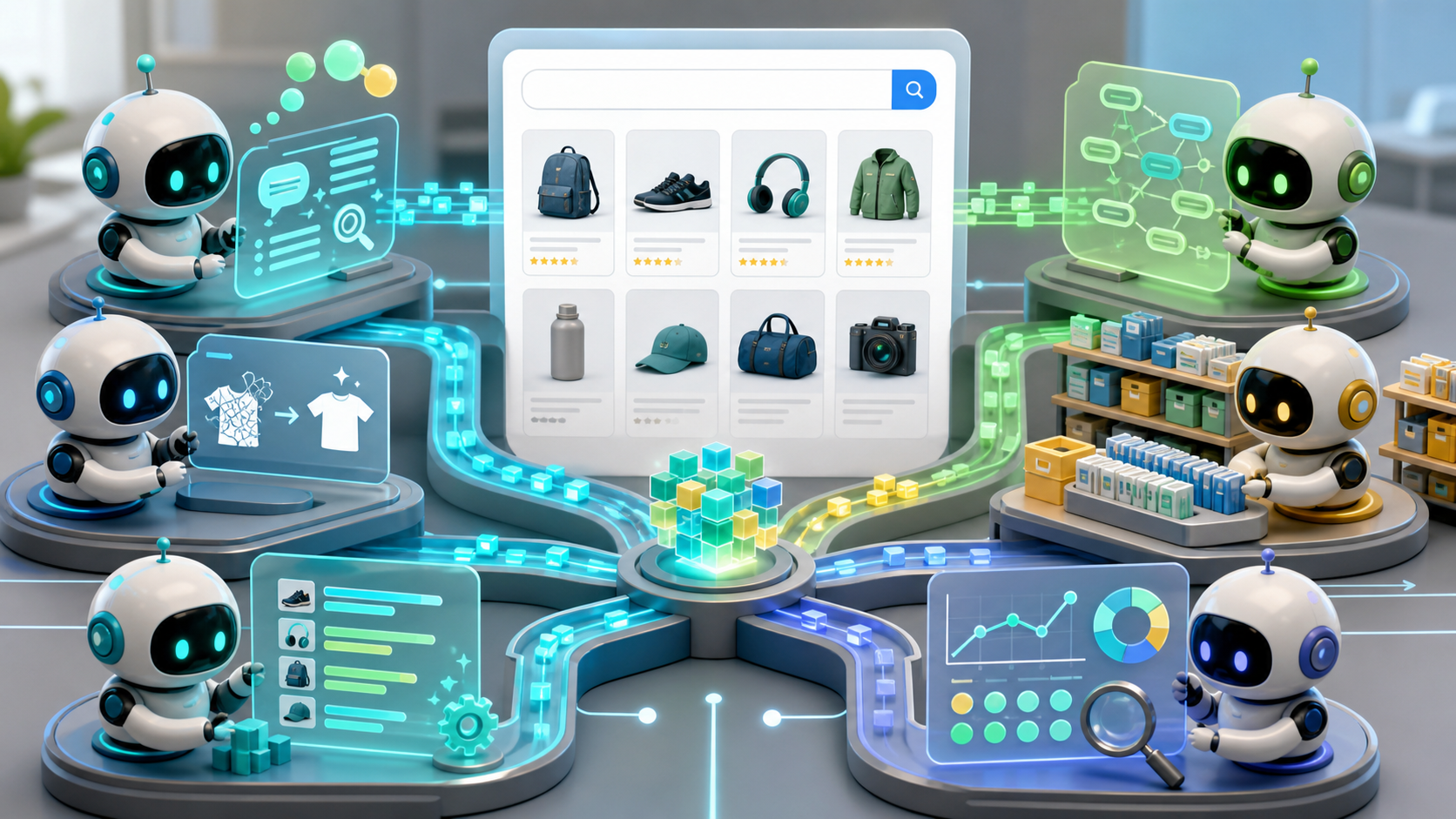 Specialized AI bots working on query understanding, normalization, indexing, ranking, and evaluation for retail search