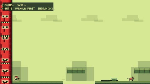 Gameplay from The Mathai Game: a pixel-art character runs and jumps across a 2D platformer level built by a ten-year-old with a coding agent